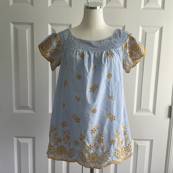 Zara Dresses & Skirts - Zara Blue Yellow Bohemian Eyelet Off-Shoulder Embroidered Mini Sundress Size S